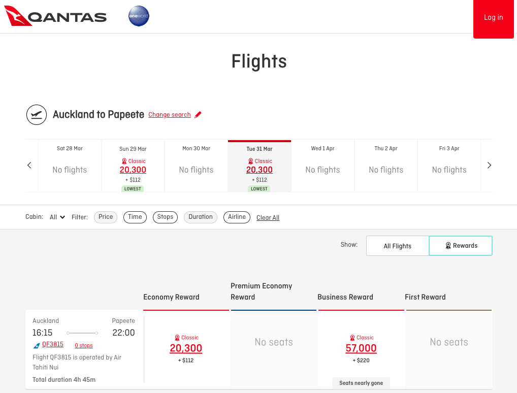 Air Tahiti Nui Classic Reward flights from Auckland (AKL) to Papeete (PPT) on the Qantas website
