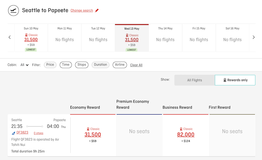 Qantas website showing TN-operated Classic Reward seats from SEA to PPT