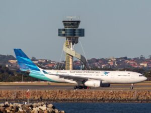 Sydney, Australia - October 9, 2013: Garuda Indonesia Airlines Airbus A330 airliner taking off from Sydney Airport.