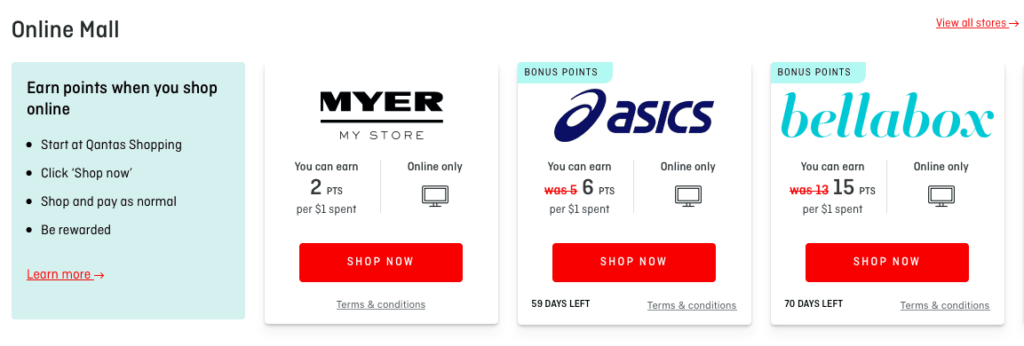Screenshot of Qantas shopping