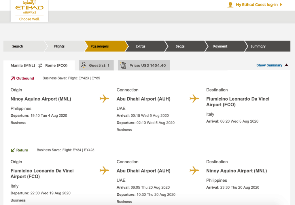 Current Etihad Airways Business class sale fare from Manila to Rome