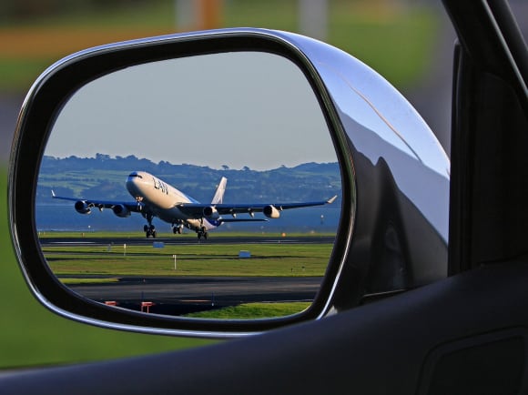 Looking back LAN A340 in rear view mirror