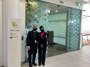 Nestor and Verna outside Qantas First Lounge Sydney