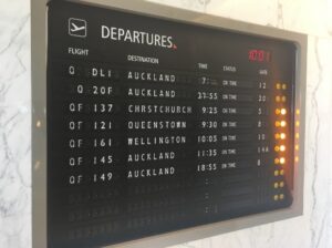 Qantas First Lounge departures board