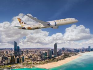 Etihad Airways 787 flying over Abu Dhabi