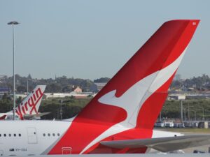 Qantas A380 in front of a Virgin Australia aircraft