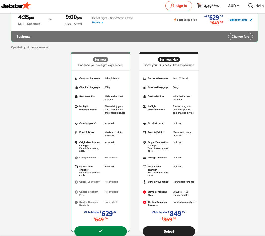 Jetstar Business fare pricing and inclusions in 2026 on MEL-SGN route