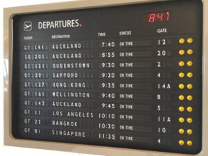 Qantas First Lounge departures board