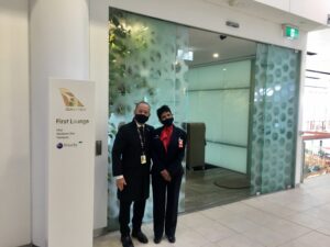 Nestor and Verna greet guests at the Qantas First Lounge in Sydney