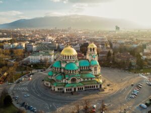 Aerial photography in the sunset by drone in Sofia, Bulgaria in the biggest Orthodox Cathedral Alexander Nevsky