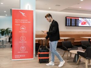 Qantas Club Melbourne with Skip coffee ordering sign