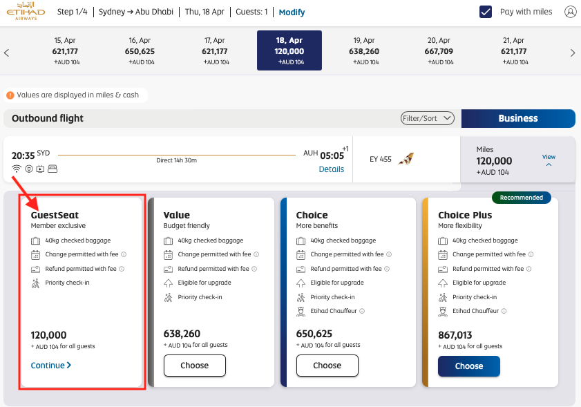 GuestSeat award availability marked on the Etihad Airways website