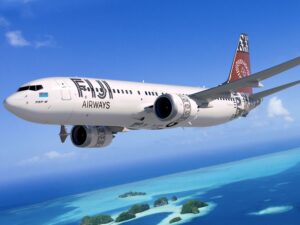 737-8 Max; 737; Fiji Airways; Rendering; over Tropical Ocean; View from low right side; K66590