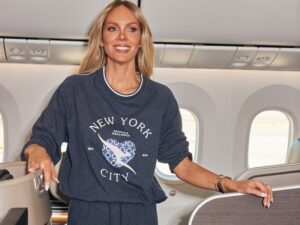 Qantas ambassador Rebecca Vallance has created special pyjamas for QF3 or QF4.