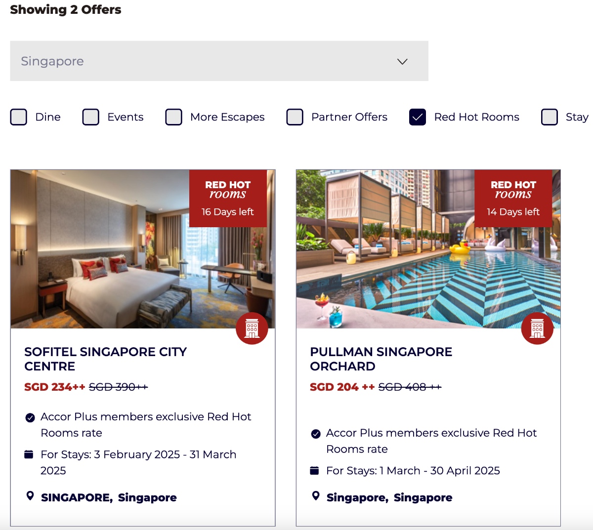 Red Hot Room discounts available at certain Singapore hotels. Screenshot from Accor website.