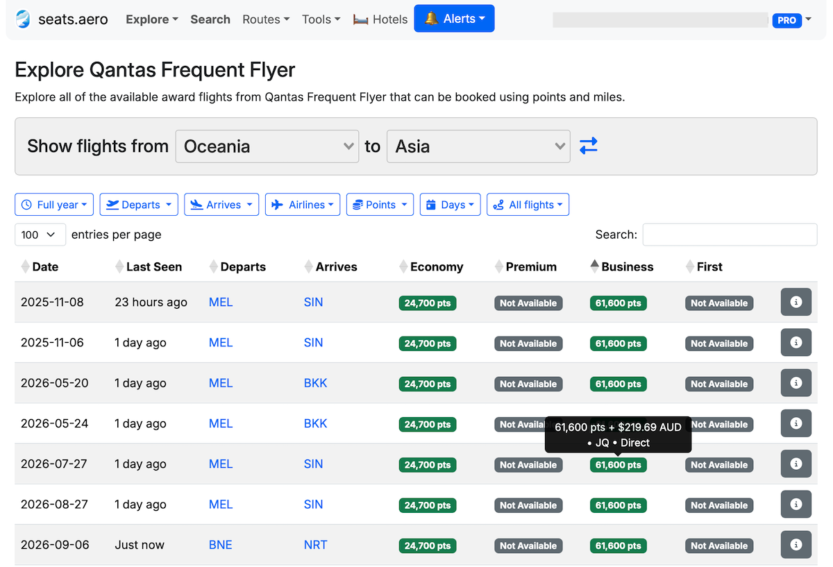 Seats.aero website screenshot showing explore search from Oceania to Asia
