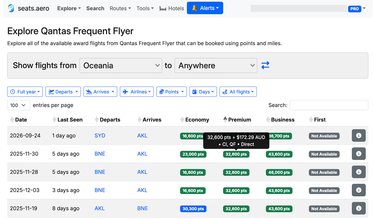Seats.aero screenshot filtering by Premium Economy