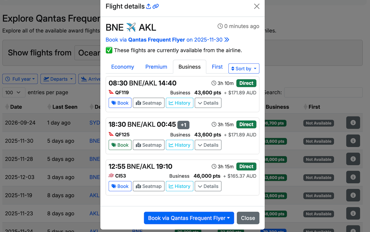 Seats.aero flight details screen