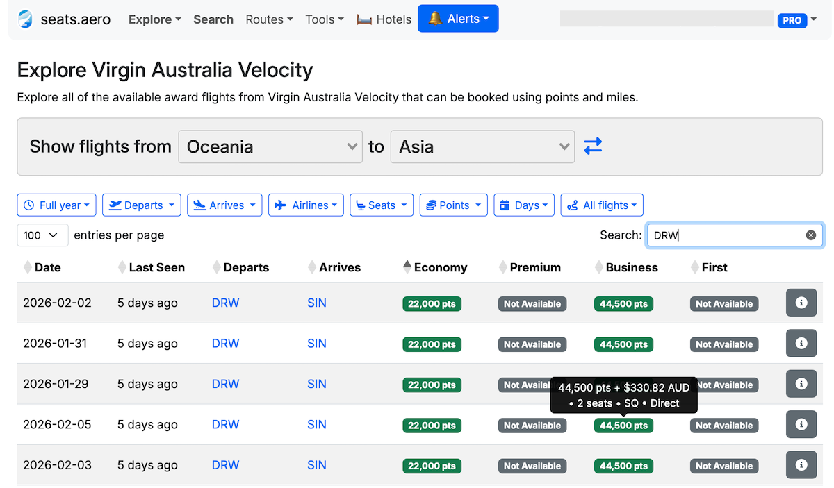 Example of a Seats.aero search for Velocity availability to/from DRW