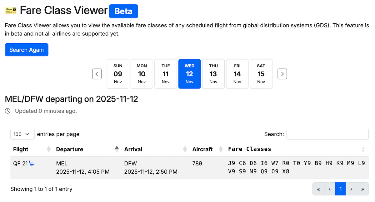 seats.aero Fare Class Viewer example of a MEL-DFW flight