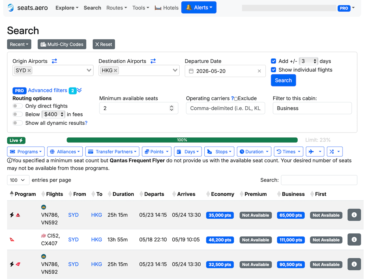 Seats.aero SYD-HKG award search