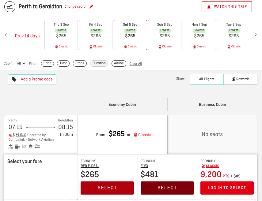 Qantas PER-GET Classic Flight Reward pricing