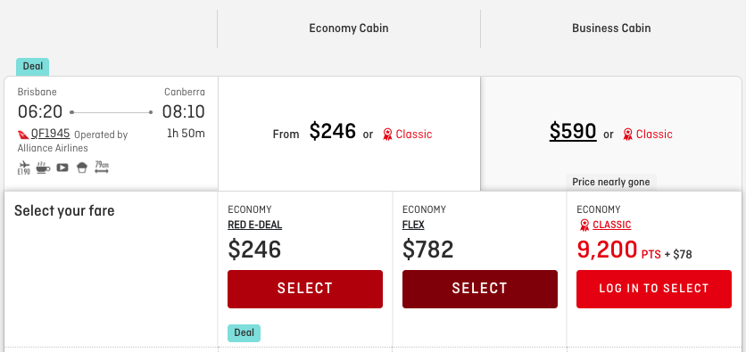 Qantas Classic Reward pricing compared to airfares on CBR-BNE route