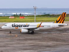 Okinawa, Japan - October 3, 2023: Tigerair Taiwan Airbus A320 airplane at Okinawa Naha Airport (OKA) in Japan.