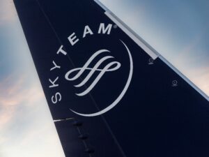 Aircraft tail with SkyTeam logo in special livery