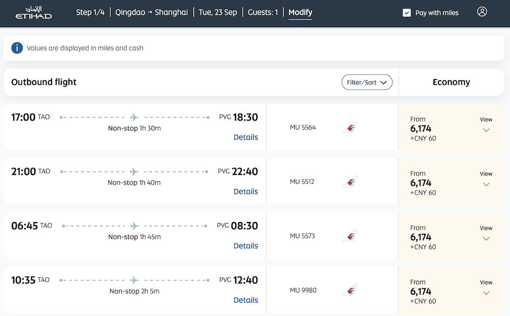 Etihad Guest redemption on China Eastern