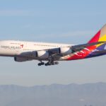 Asiana Airlines Airbus A380-800 at Los Angeles airport (LAX) in the USA.