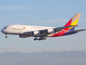 Asiana Airlines Airbus A380-800 at Los Angeles airport (LAX) in the USA.