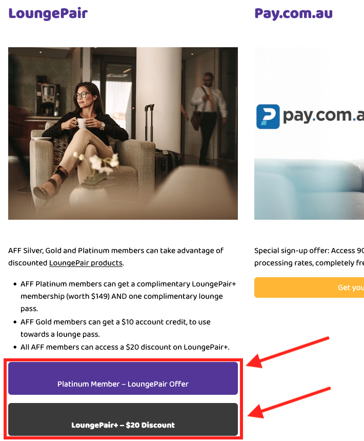 Claim your LoungePair discount on the AFF Member Lounge page
