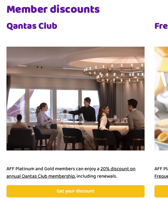 AFF Qantas Club member discount shown on the Member Lounge page