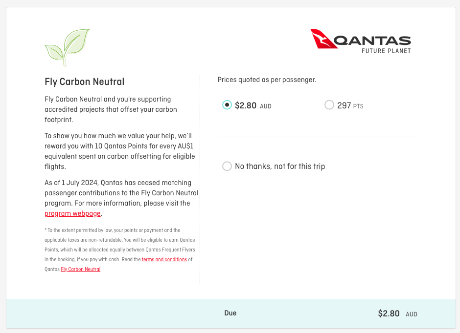 Fly Carbon Neutral option on Qantas website when booking a SYD-MEL flight