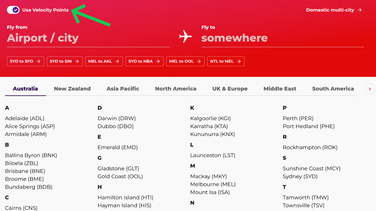 Select "Use Velocity Points" to view reward seats on the Virgin Australia website