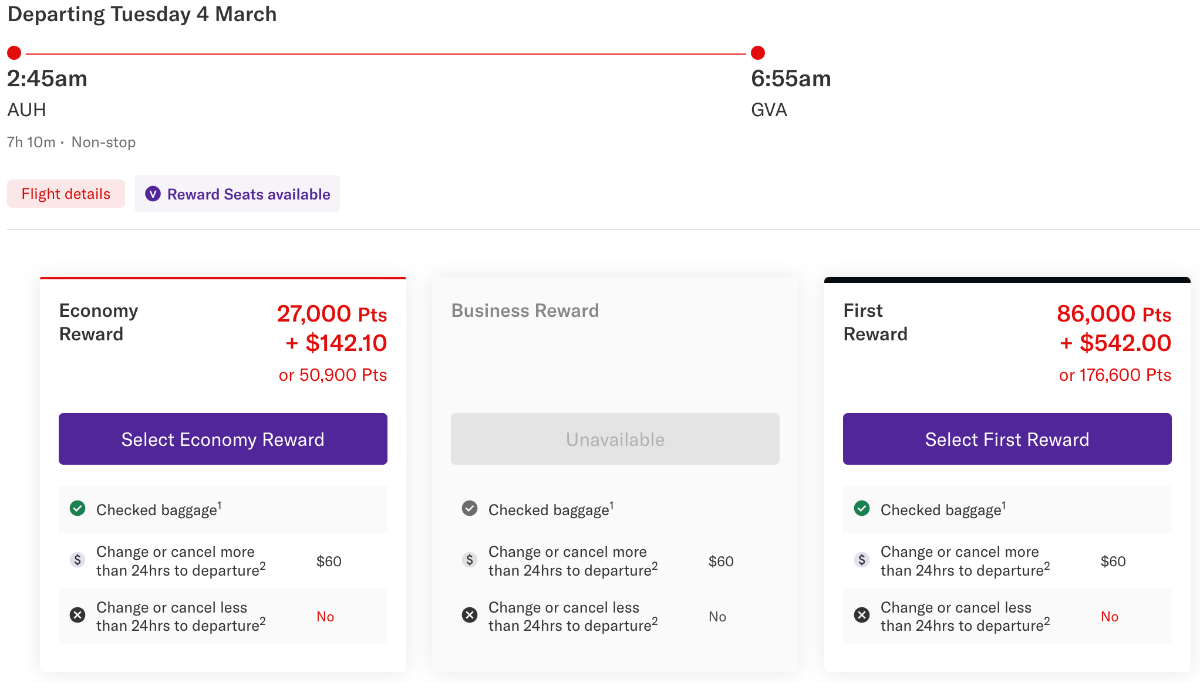 Etihad reward seats AUH-GVA showing on Virgin Australia website