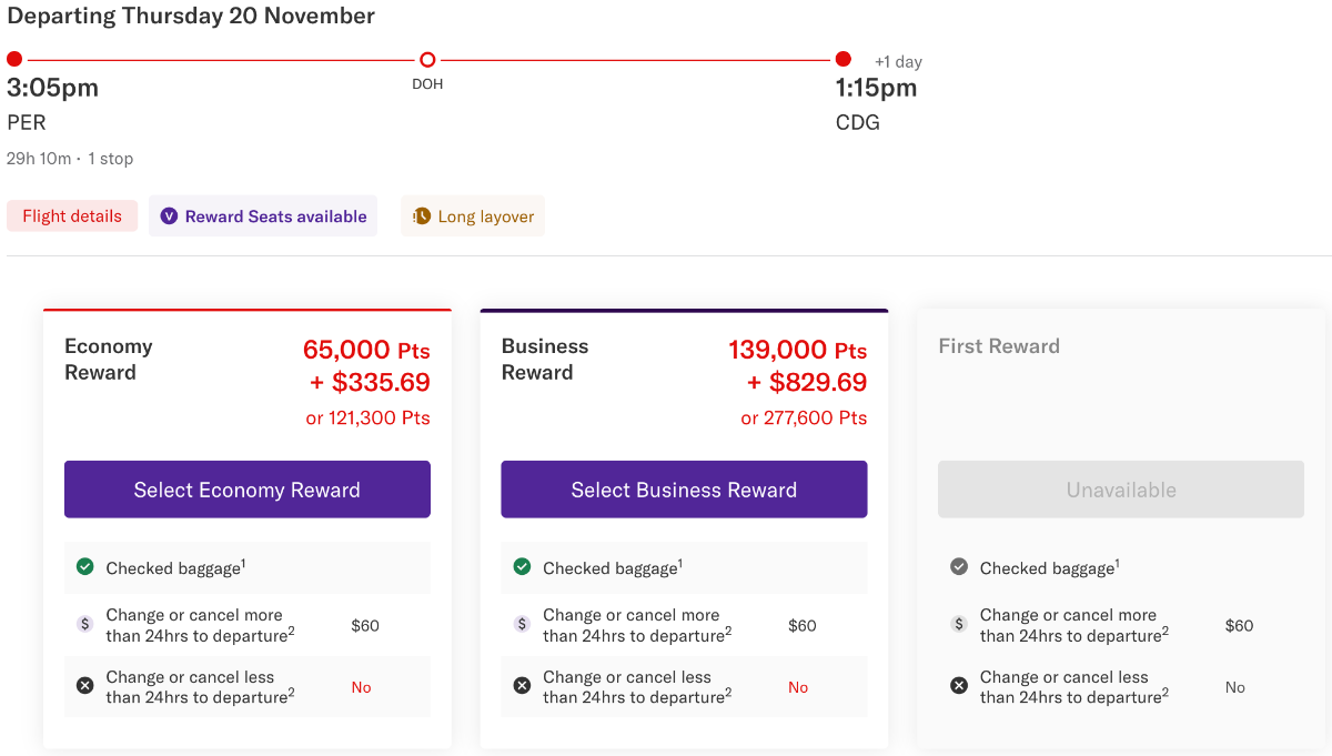 PER-DOH-CDG award availability on the Virgin Australia website