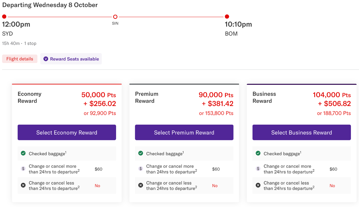 SYD-SIN-BOM reward seats on Virgin Australia's website