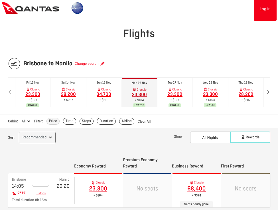BNE-MNL Classic Reward availability and pricing on the Qantas website