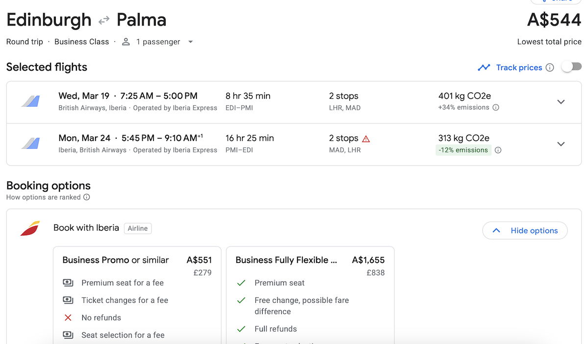 Google Flights itinerary EDI-LHR-MAD-PMI