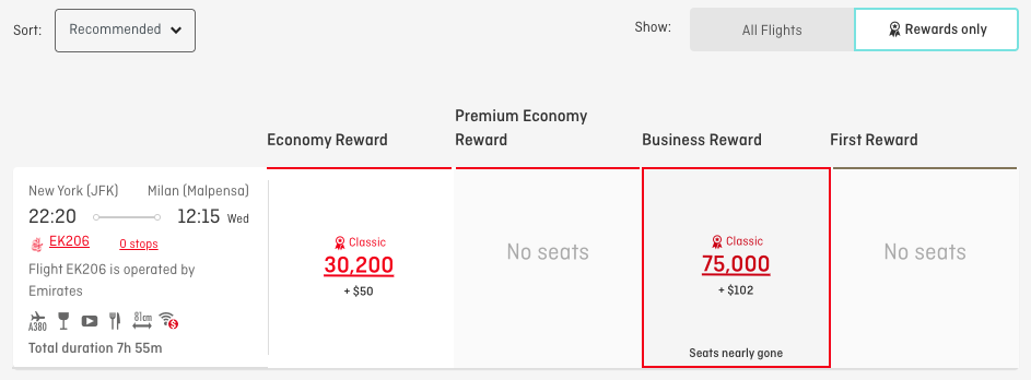 EK206 Classic Reward availability on the Qantas website