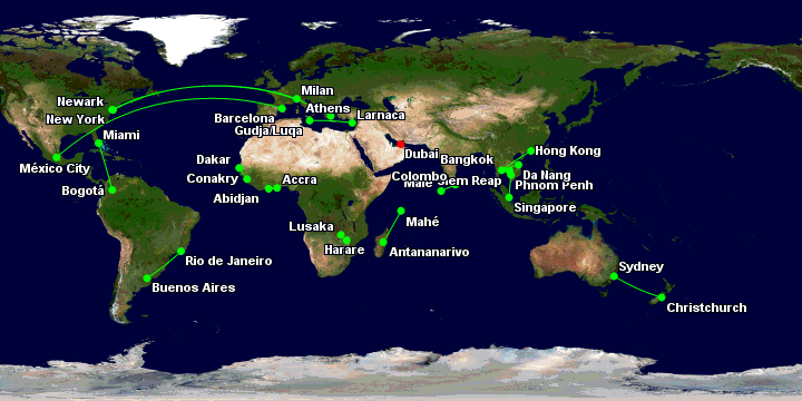 A map showing the Emirates fifth-freedom routes in 2025: SYD-CHC, SIN-PNH, BKK-HKG, BKK-DAD, BKK-SAI, MLE-CMB, LCA-MLA, ATH-EWR, MXP-JFK, ACC-ABJ, HRE-LUN, CKY-DSS, GIG-EZE, BCN-MEX, MIA-BOG and SEZ-TNR.