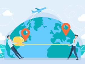 Tiny characters measure distance on the world map using a measuring tape. Travel duration.