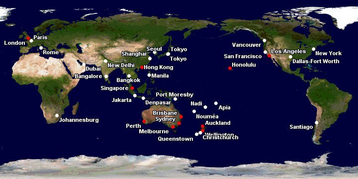 Qantas has international lounges at the following airports: London, Hong Kong, Singapore, Perth, Melbourne, Sydney, Brisbane, Auckland, Wellington, Honolulu & Los Angeles. Qantas Club members can also access partner-operated lounges when flying Qantas from the following international airports: Rome, Paris, Johannesburg, Dubai, Bengaluru, Delhi, Jakarta, Bali, Bangkok, Manila, Shanghai, Seoul, Tokyo, Port Moresby, Noumea, Nadi, Apia, Christchurch, Queenstown, Vancouver, San Francisco, Dallas/Fort Worth, New York & Santiago.