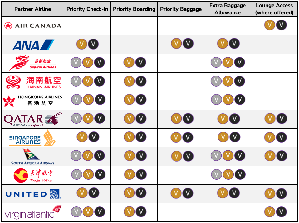 Table showing Velocity Frequent Flyer Silver, Gold and Platinum benefits when flying with each of Virgin Australia's partner airlines