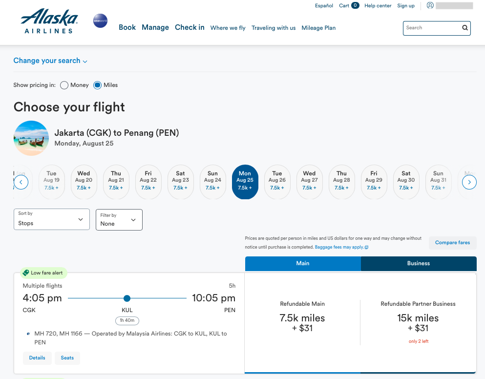 Alaska Mileage Plan redemption CGK-KUL-PEN