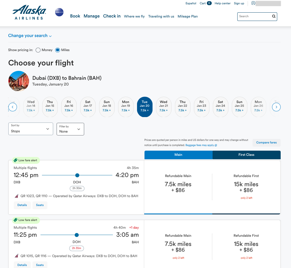 Alaska Mileage Plan redemption DXB-DOH-BAH