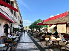 Restaurants in front of the main mosque in Shkodër, Albania