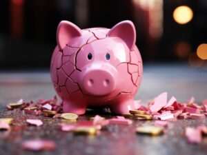 Financial crisis, broken piggy bank depicting bankruptcy, loss of investment and the economic stress. Generative AI
